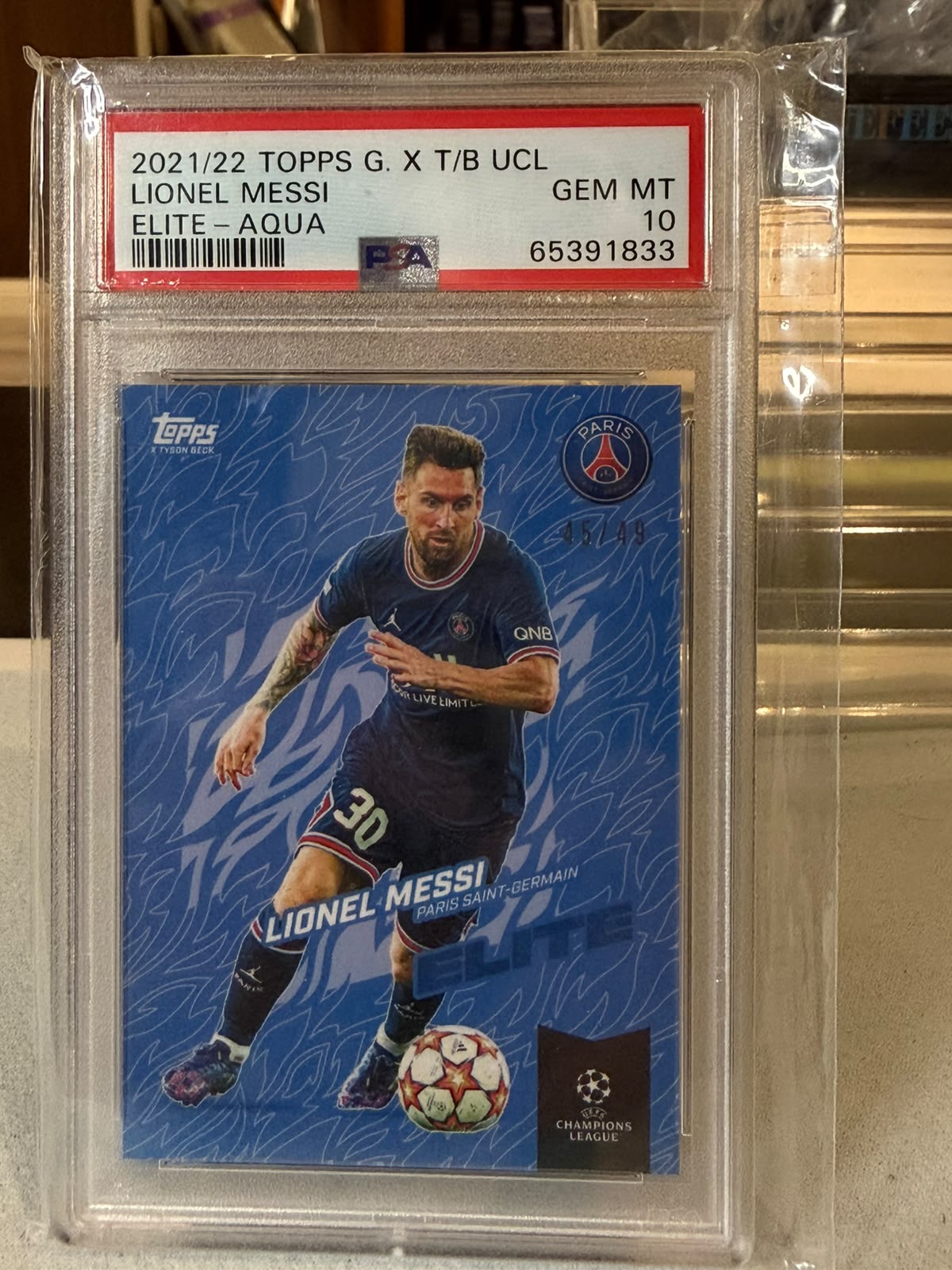 Lionel Messi 45/49 Elite Aqua Topps x Tyson Beck UCL PSA 10 – PSG trading card, front