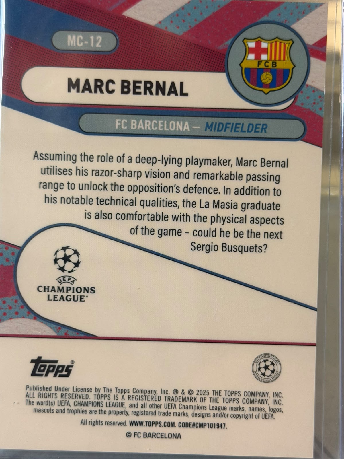 Marc Bernal 11/15 Merlin's Chosen Ones, purple/red foil parallel – Topps Merlin UEFA Club Competitions 2024/25 – FC Barcelona