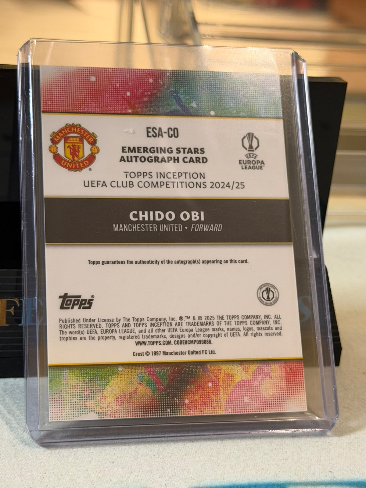 Chido Obi 12/99 – Emerging Stars Autograph (Green) Manchester United trading card, back