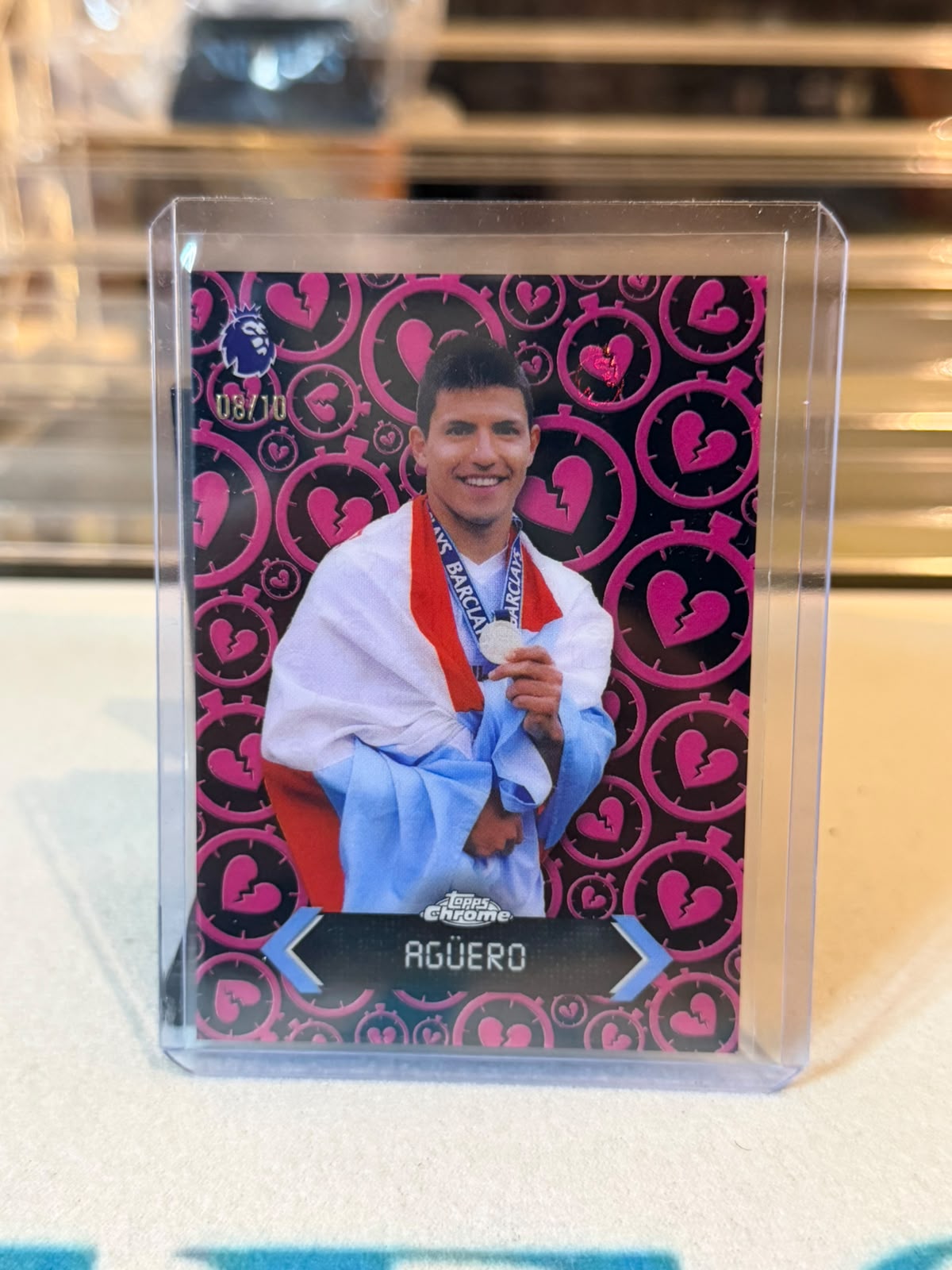 Sergio Aguero Manchester City legend card, 2026 Topps Chrome Premier League, Stoppage Time Heroes insert STH-2, serial 08/10, front