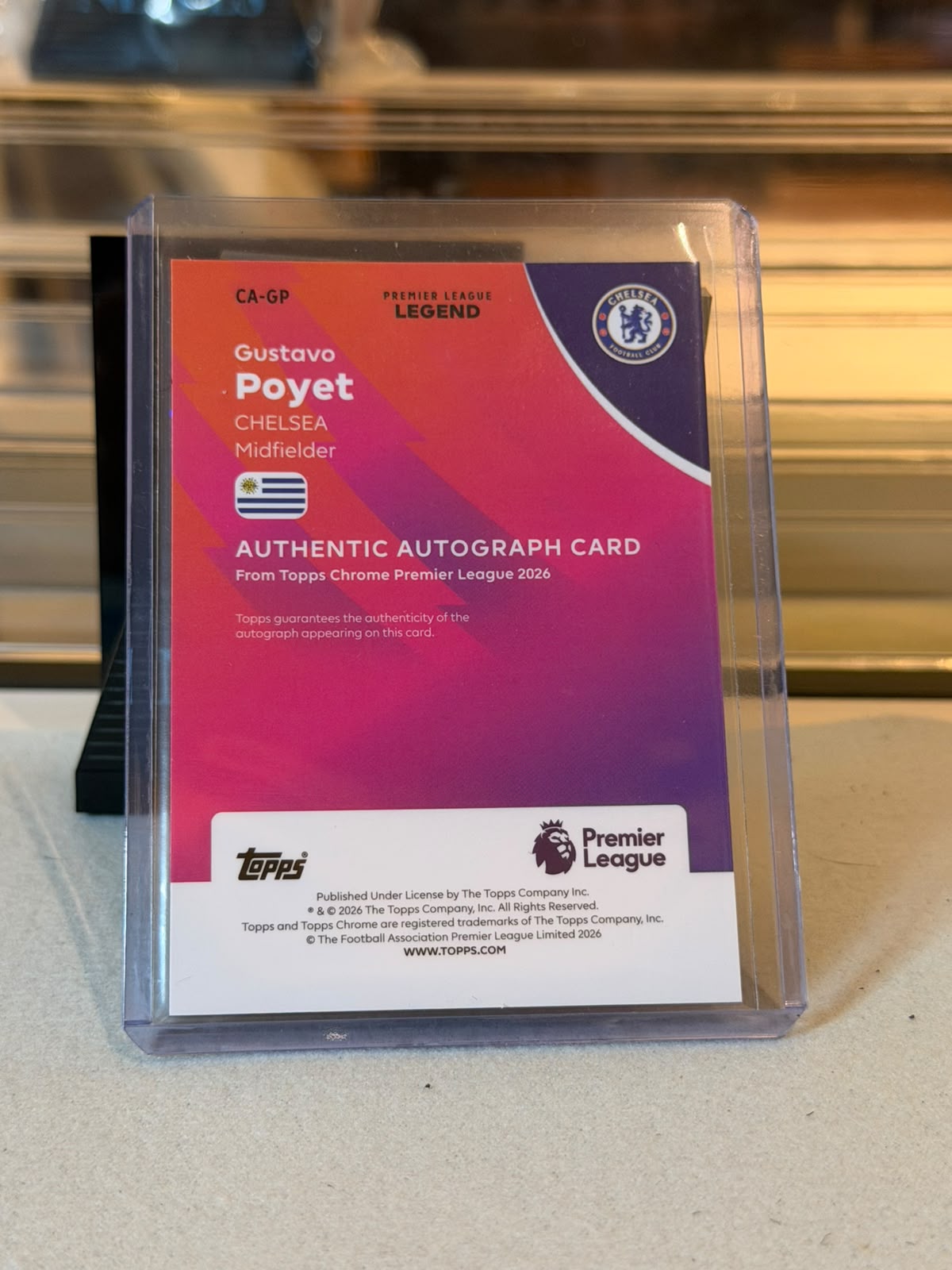 Gustavo Poyet Chelsea Authentic Autograph Card back, 2026 Topps Chrome Premier League Orange Cracked-Ice Parallel #CA-GP, serial 17/25