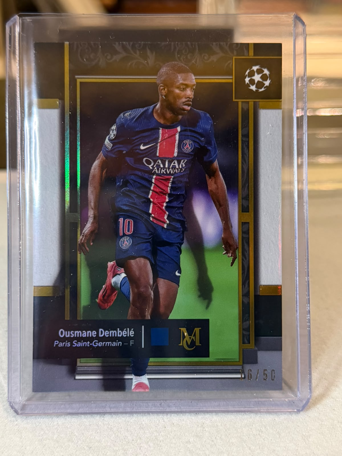 Ousmane Dembele 16/50 Gold base #54 2024/25 Topps Museum Collection UEFA – PSG trading card, front