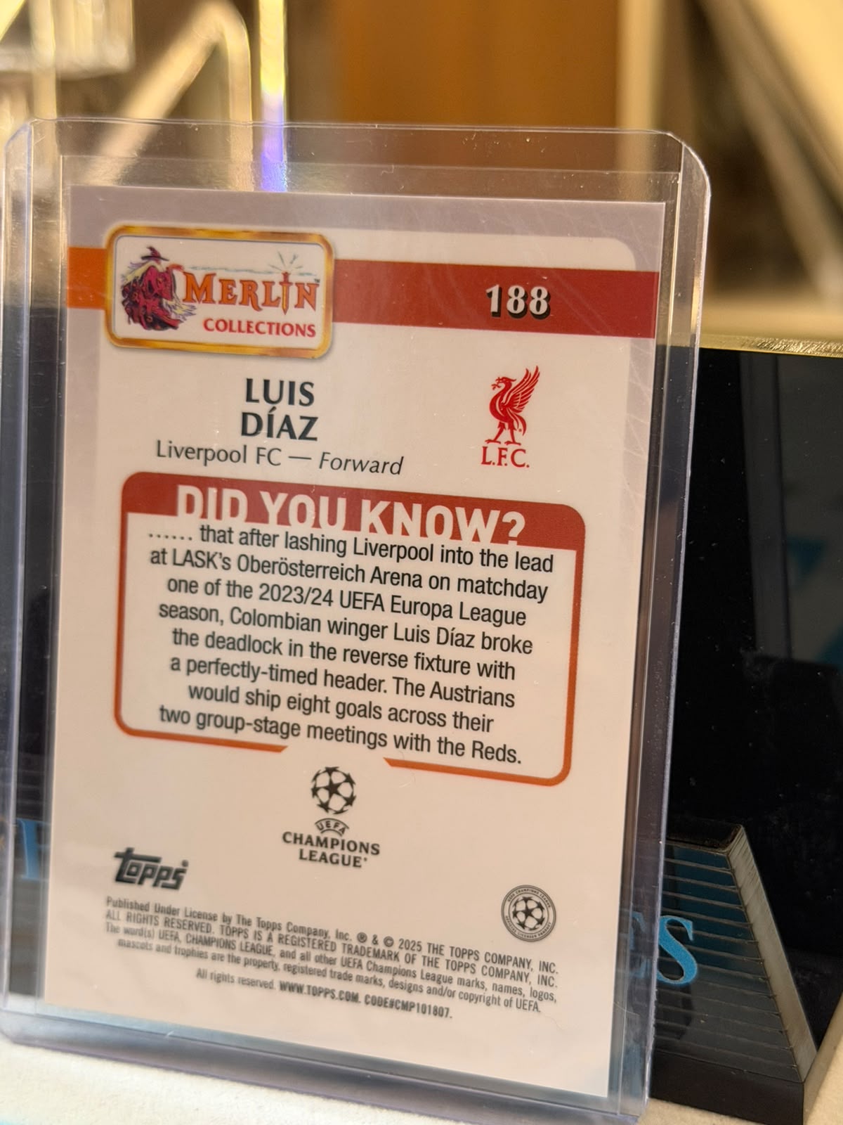 Luis Díaz 05/15 Base #188, Purple/red sparkle parallel – 2024/25 Topps Merlin Collections UEFA Club Competitions, back