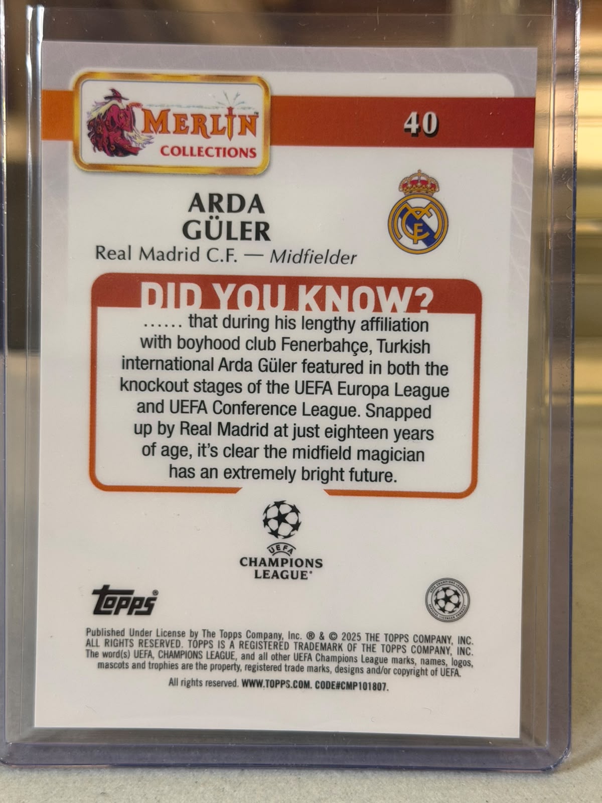 Arda Güler back - 2024/25 Topps Merlin UEFA Club Competitions base #40 35/50