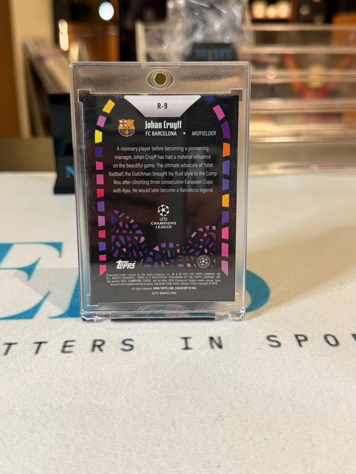 Johan Cruyff Renaissance, stained-glass design – 2025 Topps Merlin UEFA Champions League – FC Barcelona trading card, back