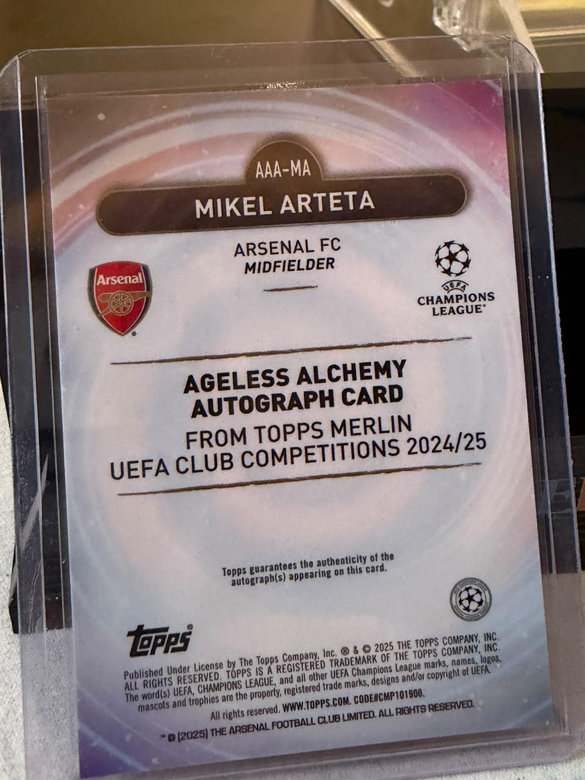 Mikel Arteta back - 2024/25 Topps Merlin UEFA Club Competitions Ageless Alchemy Autograph Gold 09/50