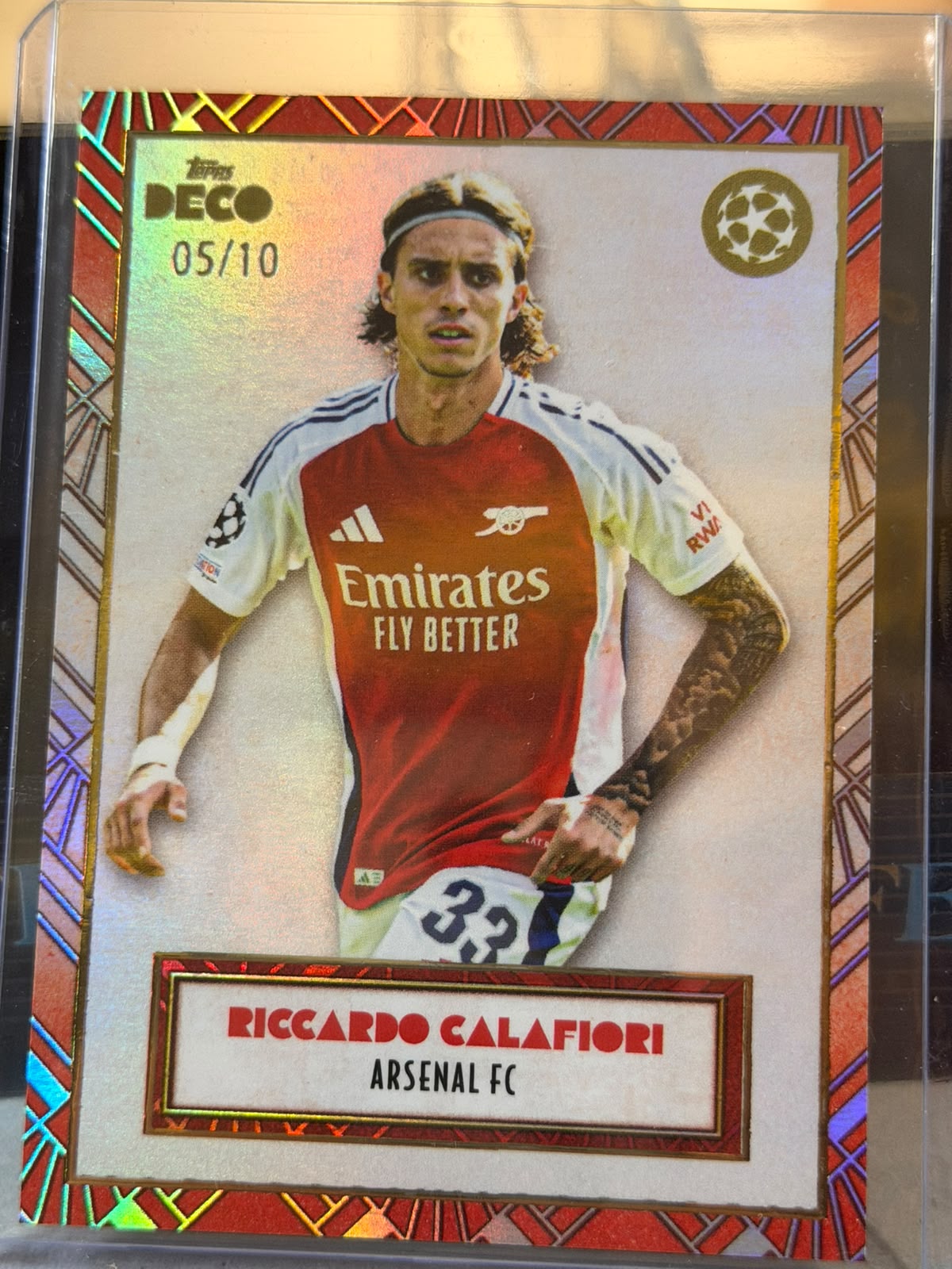 Riccardo Calafiori front - 2024/25 Topps Deco UEFA Club Competitions Red 05/10