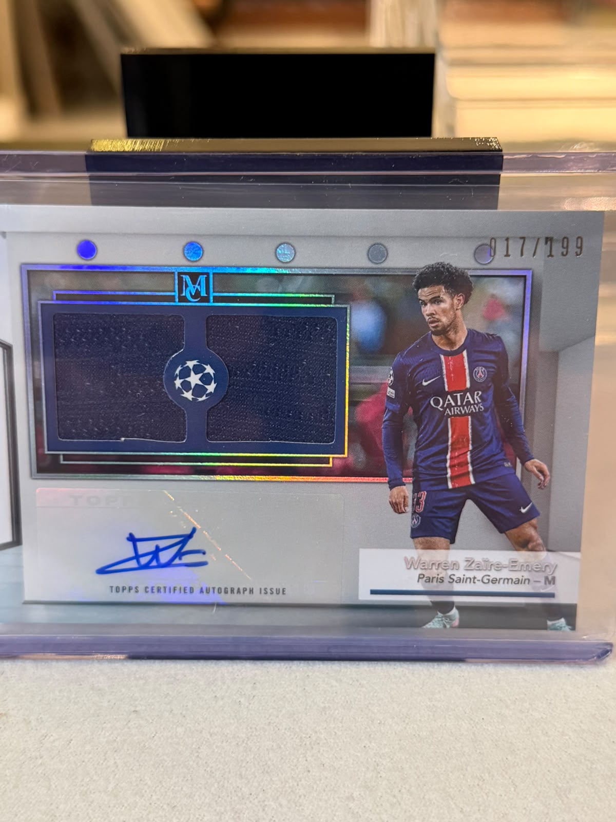 Warren Zaire-Emery 017/199 Signature Swatches Dual Relic Autograph 2024/25 Topps Museum Collection UEFA – PSG trading card, front