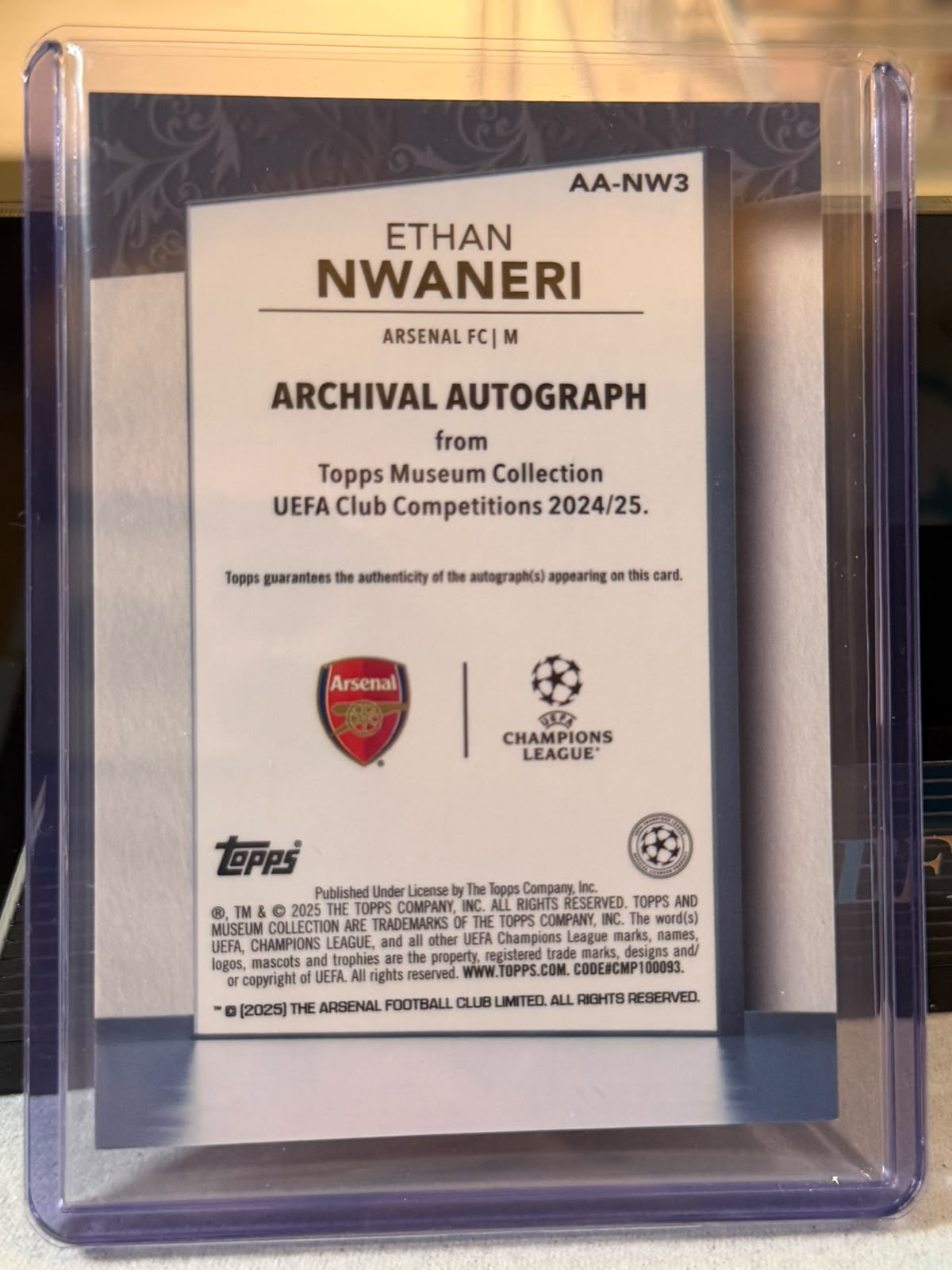 Ethan Nwaneri back - 2024/25 Topps Museum Collection UEFA Club Competitions Archival Autograph Sapphire 01/75