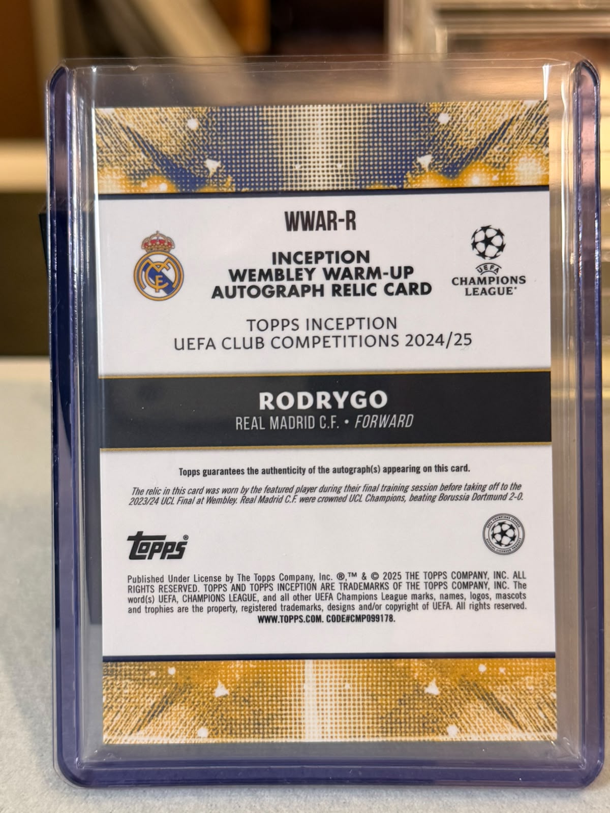 Rodrygo back - 2024/25 Topps Inception UEFA Club Competitions Wembley Warm-Up Autograph Relic 18/25