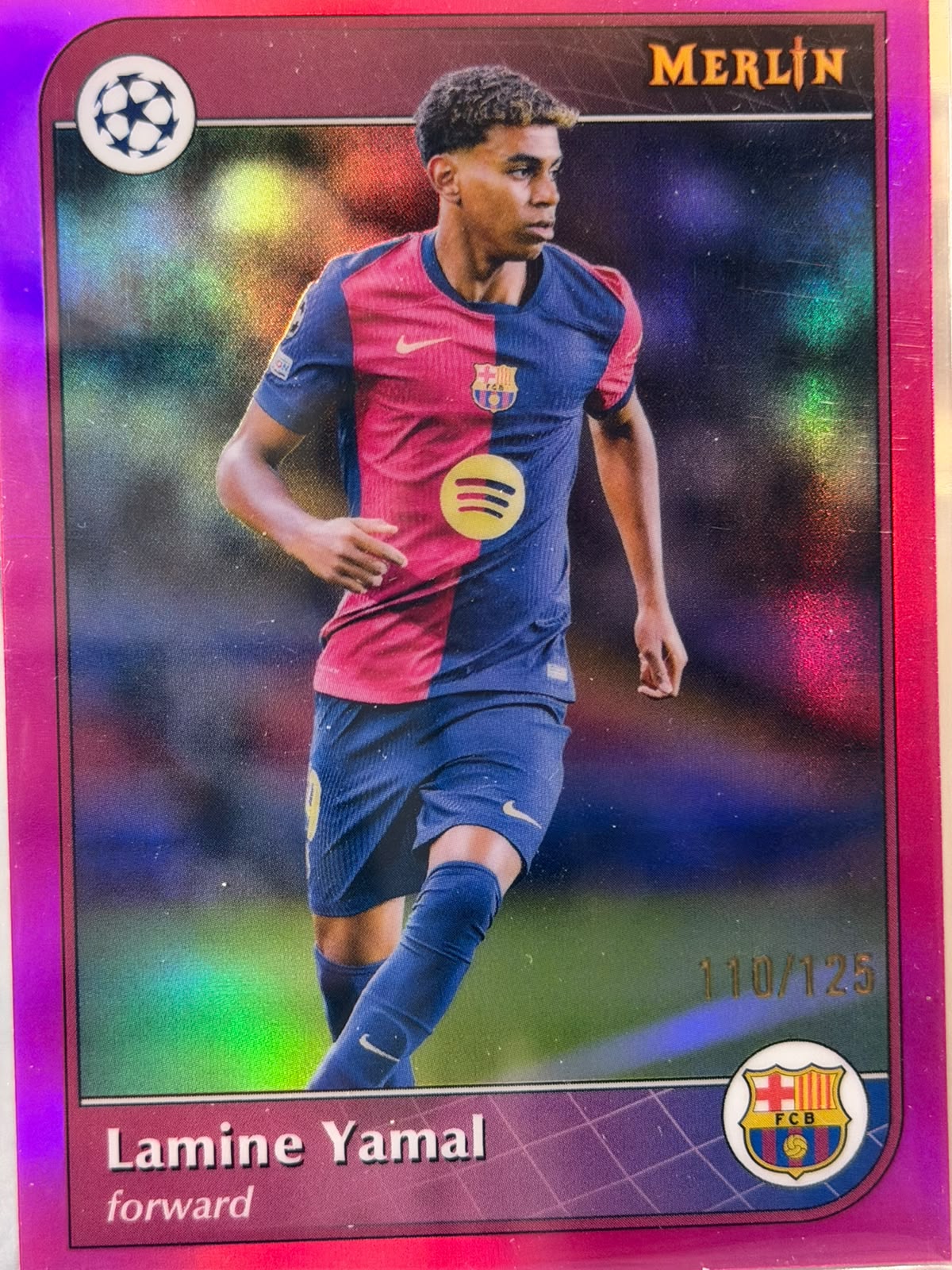 Lamine Yamal 110/125 Base card #19, red/maroon foil parallel – Topps Merlin Collections UEFA Club Competitions 2024/25 – FC B