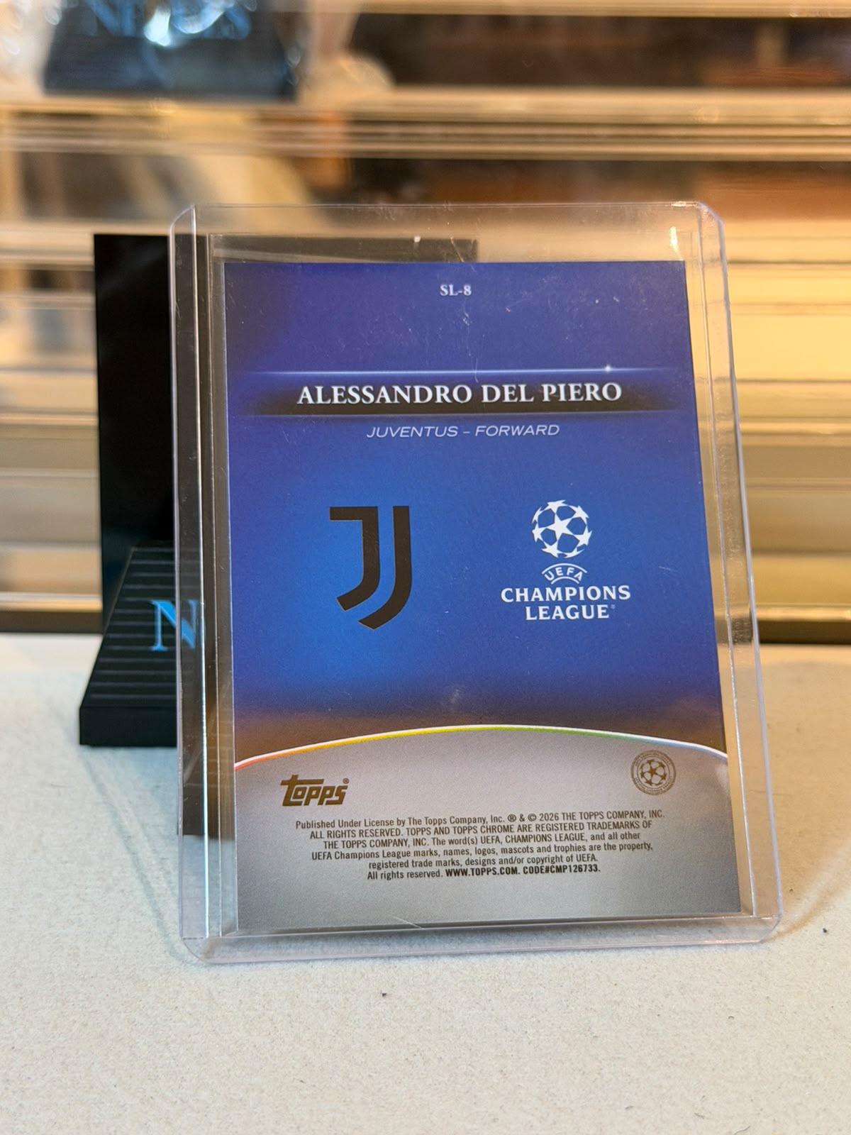 Alessandro Del Piero Juventus Star Legends insert card back, 2025/26 Topps Chrome UEFA Club Competitions Sparkle Refractor #SL-8