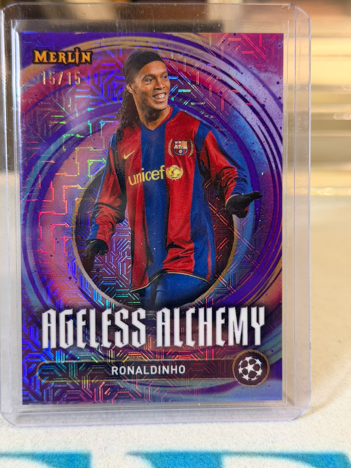 Ronaldinho 15/15 Ageless Alchemy, low-numbered parallel – Topps Merlin UEFA Club Competitions 2024/25 – FC Barcelona trading 