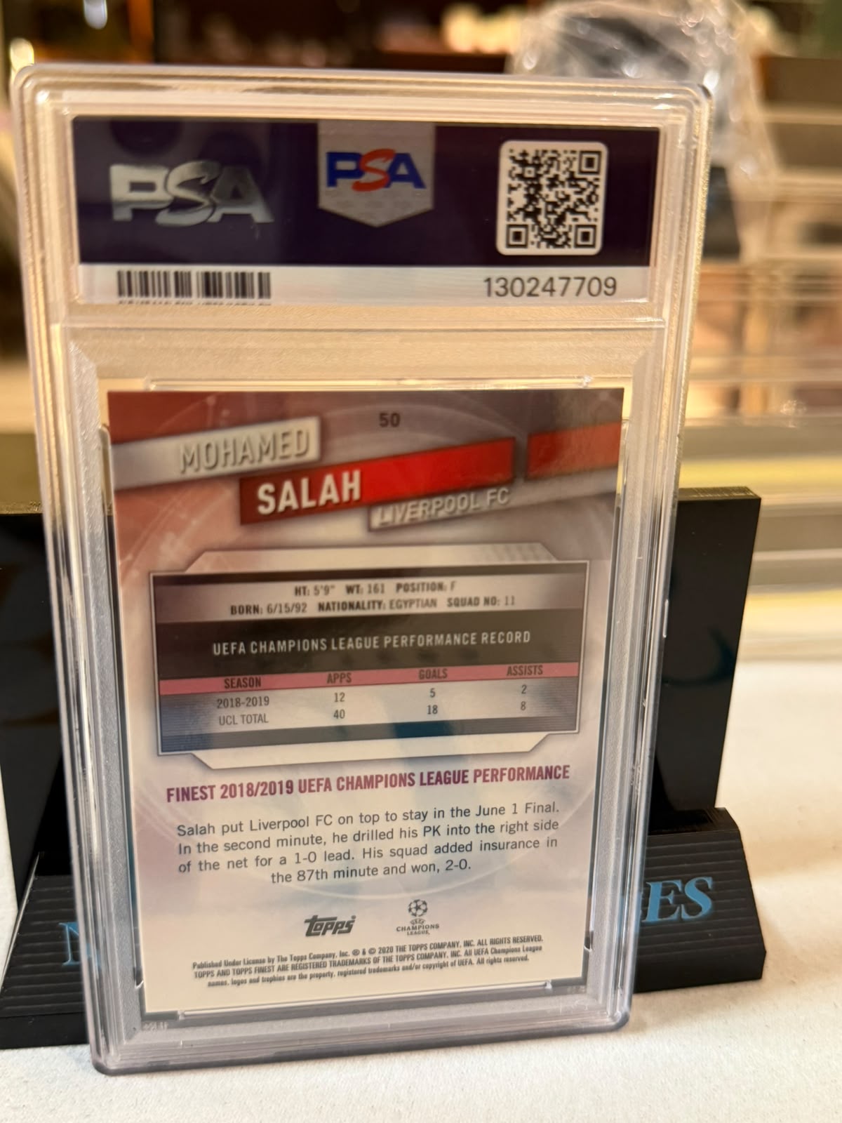Mohamed Salah 09/25 Orange Refractor, card #50 – 2019 Topps Finest UEFA Champions League (PSA GEM MT 10), back