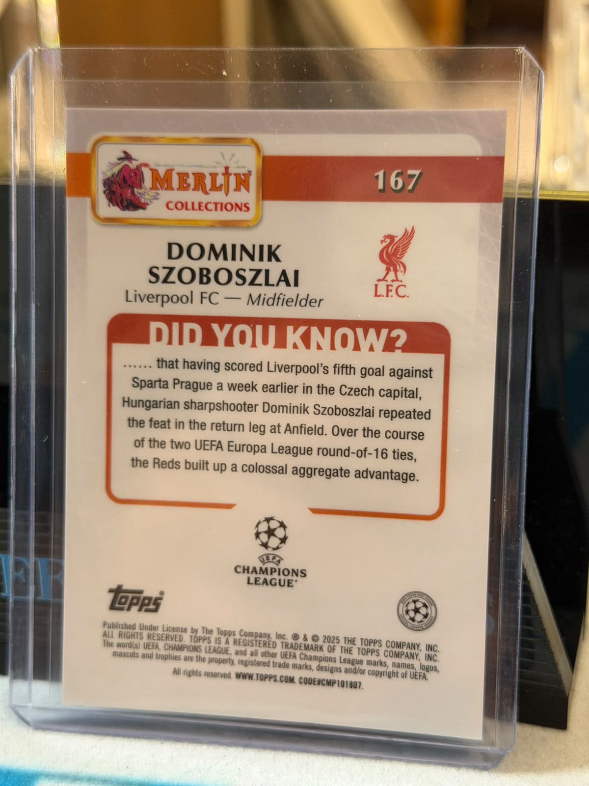 Dominik Szoboszlai 29/30 Base #167, Red foil parallel – 2024/25 Topps Merlin, back