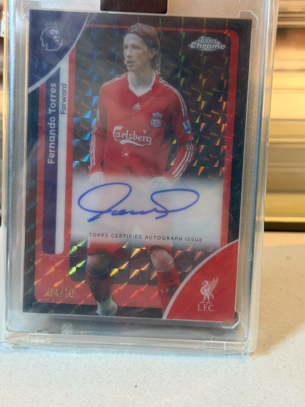 Fernando Torres Liverpool Legend Autograph card front, 2026 Topps Chrome Premier League #CA-FT X-Fractor, serial 04/10