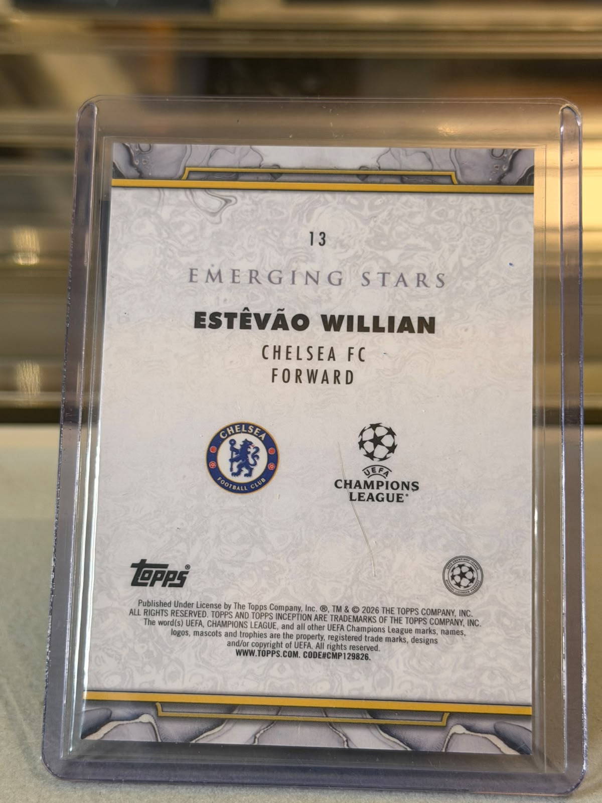Estevao Willian Chelsea 2025-26 Topps Inception UEFA Champions League Emerging Stars RC Green Parallel 08/99 card back