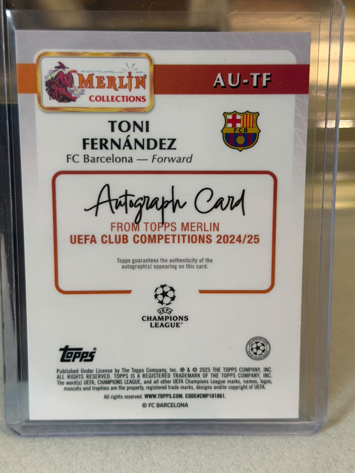 Toni Fernández 16/25 Rookie Autograph, orange/gold mosaic parallel – Topps Merlin UEFA Club Competitions 2024/25 – FC Barcelo