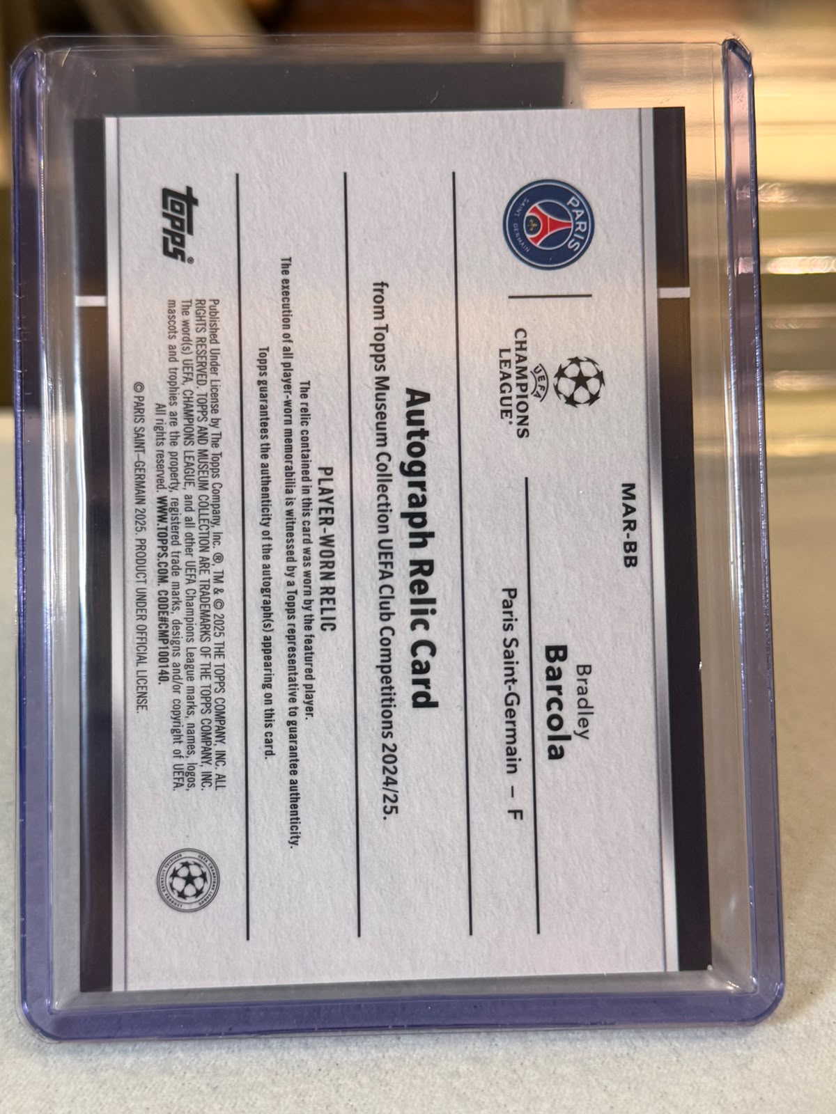 Bradley Barcola 005/150 Museum Autograph Relic Citrine 2024/25 Topps Museum Collection UEFA – PSG trading card, back