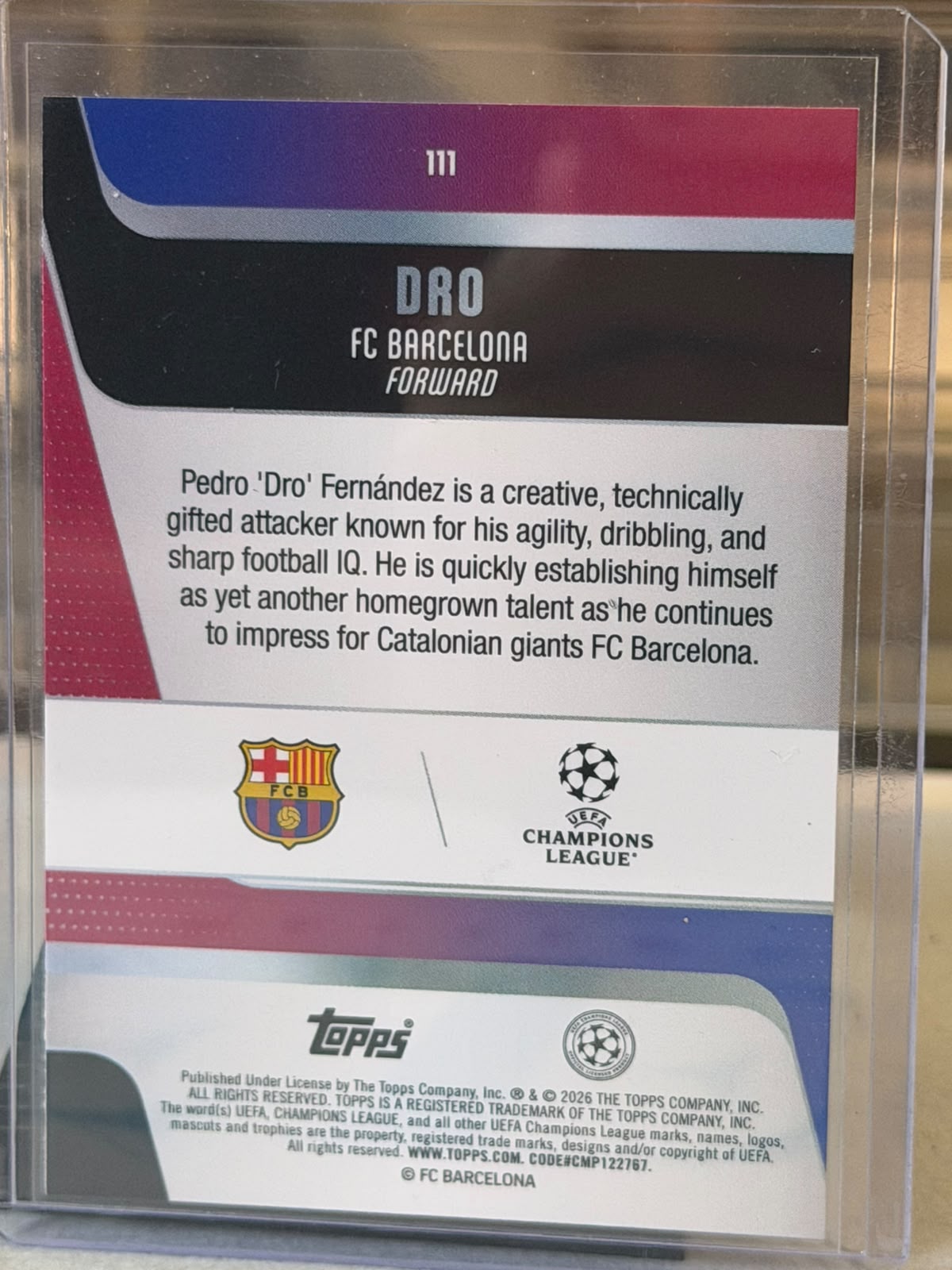 Dro Pedro Fernandez Barcelona 2025-26 Topps UEFA Champions League RC Orange Parallel 16/25 - back