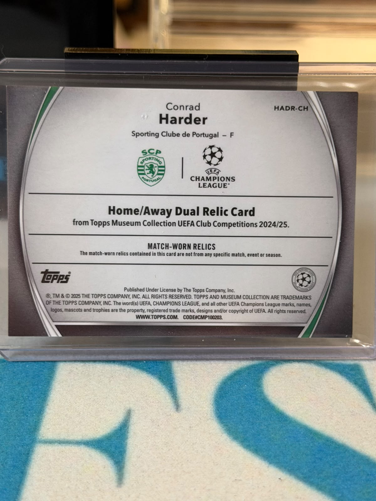 Conrad Harder 46/99 Home/Away Dual Relic 2024/25 Topps Museum Collection UEFA – Sporting CP trading card, back