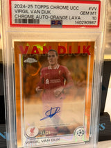 Virgil van Dijk 24/25 Chrome Auto-Orange Lava refractor (CA-VV) – 2024-25 Topps Chrome UCC (PSA GEM MT 10), front