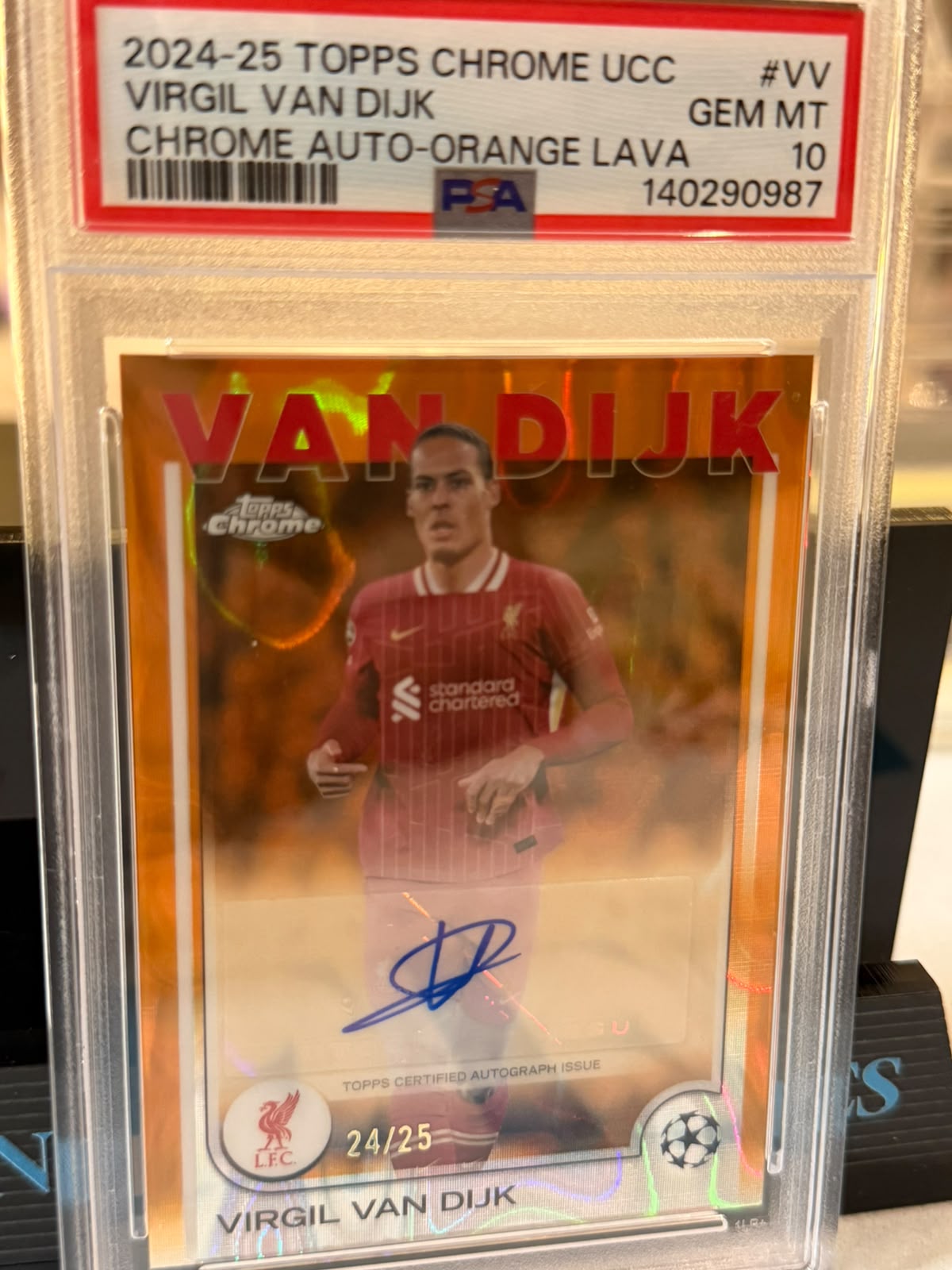 Virgil van Dijk 24/25 Chrome Auto-Orange Lava refractor (CA-VV) – 2024-25 Topps Chrome UCC (PSA GEM MT 10), front