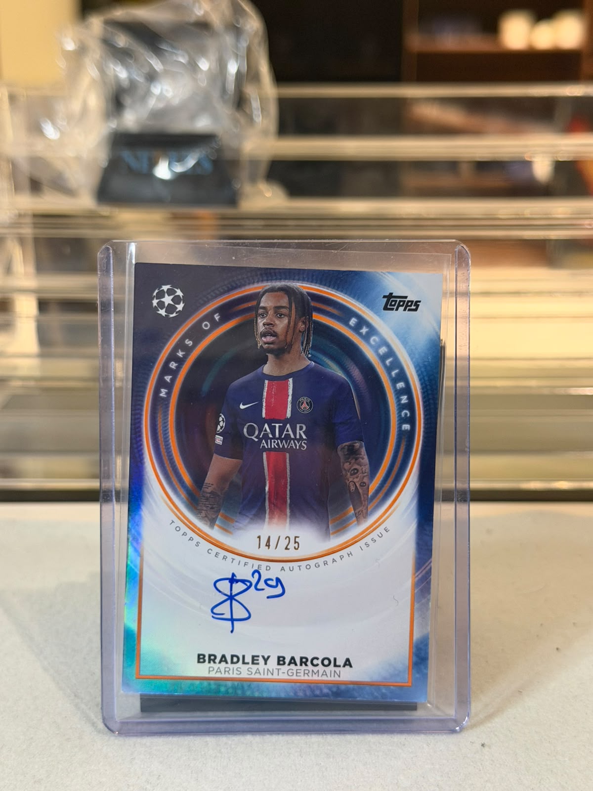 Bradley Barcola front - 2025 Topps UEFA Champions League Marks of Excellence Autograph #ME-BB1 14/25