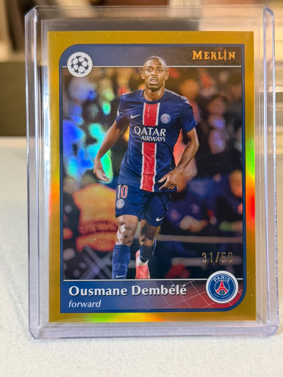 Ousmane Dembele 31/50 Gold Refractor #138 2024/25 Topps Merlin UEFA – PSG trading card, front