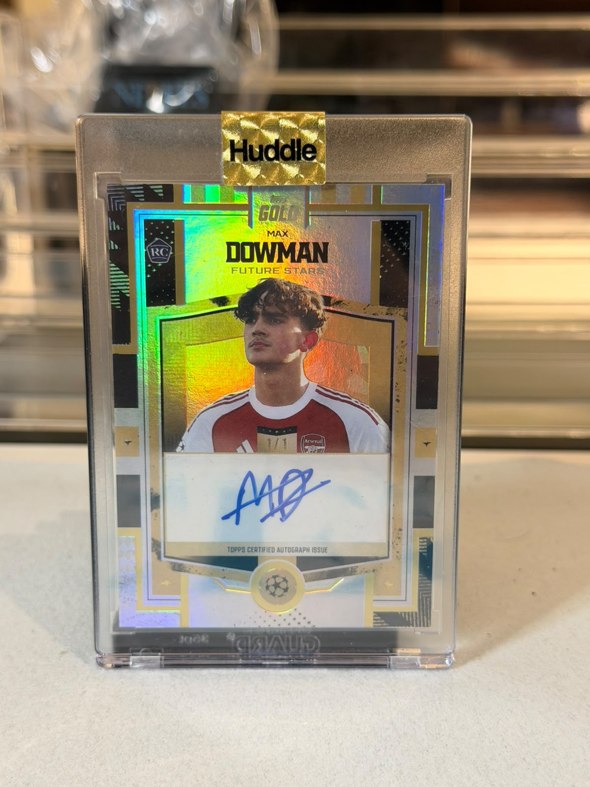 Max Dowman Arsenal Topps UEFA Club Competitions Gold Future Stars 1 of 1 rookie autograph card front