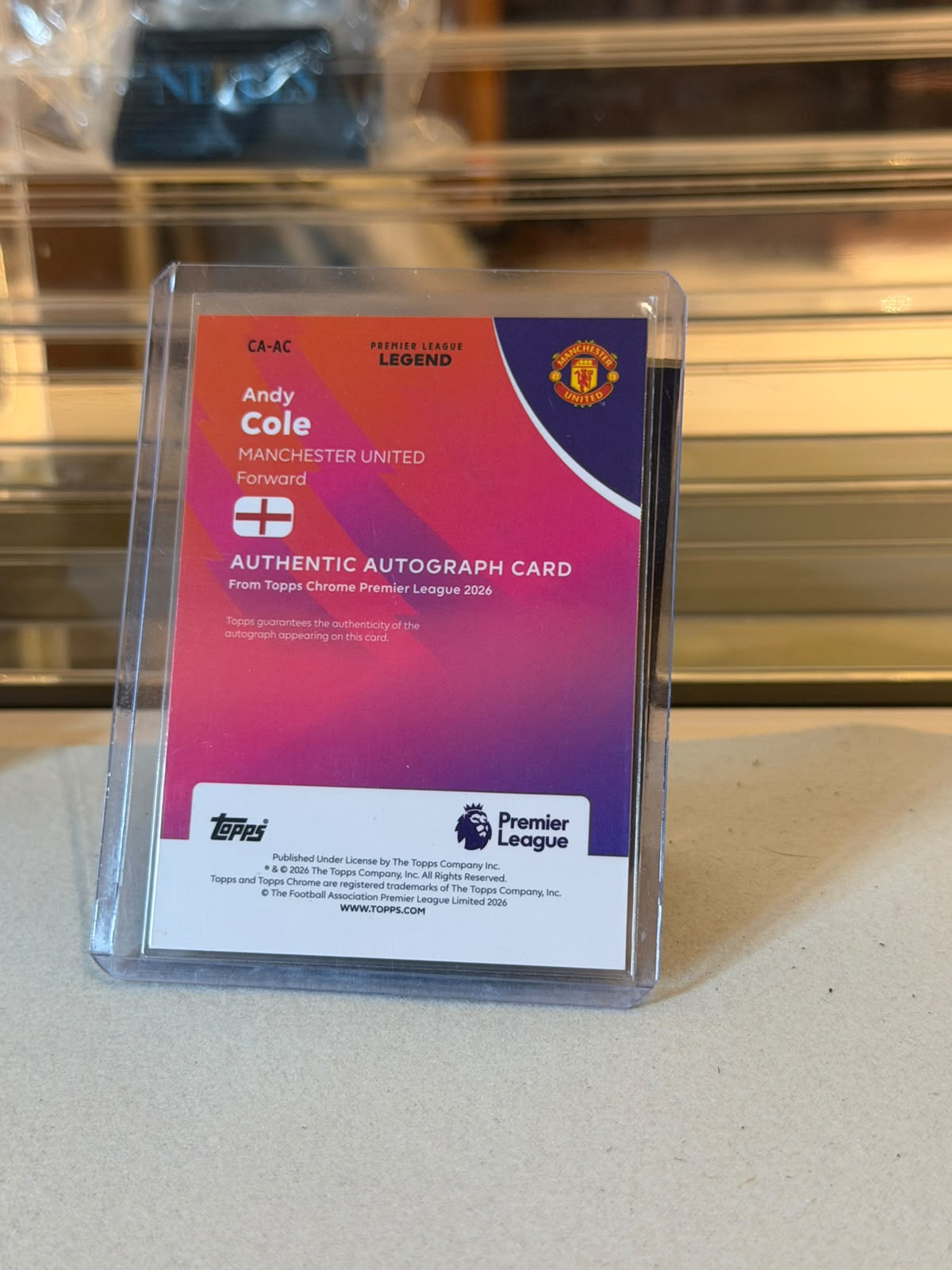 Andy Cole 2026 Topps Chrome Premier League Legend Authentic Autograph Orange Gold Wave refractor - back