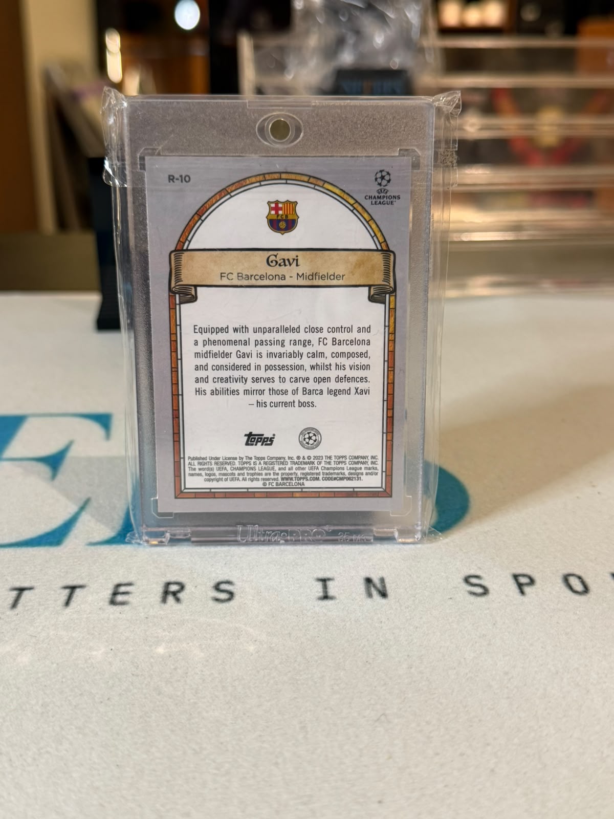 Gavi Renaissance, stained-glass design – 2023 Topps Merlin UEFA Champions League – FC Barcelona trading card, back