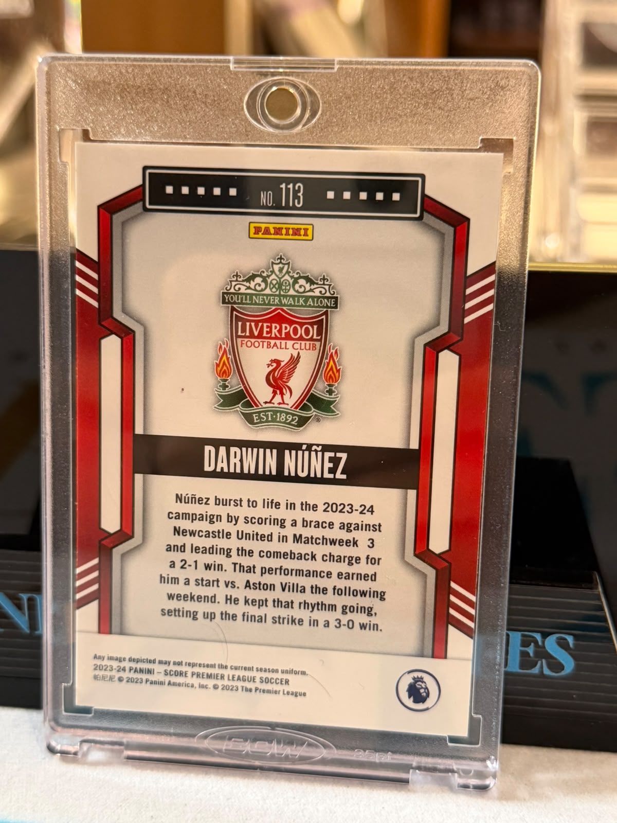 Darwin Núñez 03/10 Card #113, Gold wavy-foil parallel – 2023-24 Panini Score Premier League Soccer, back
