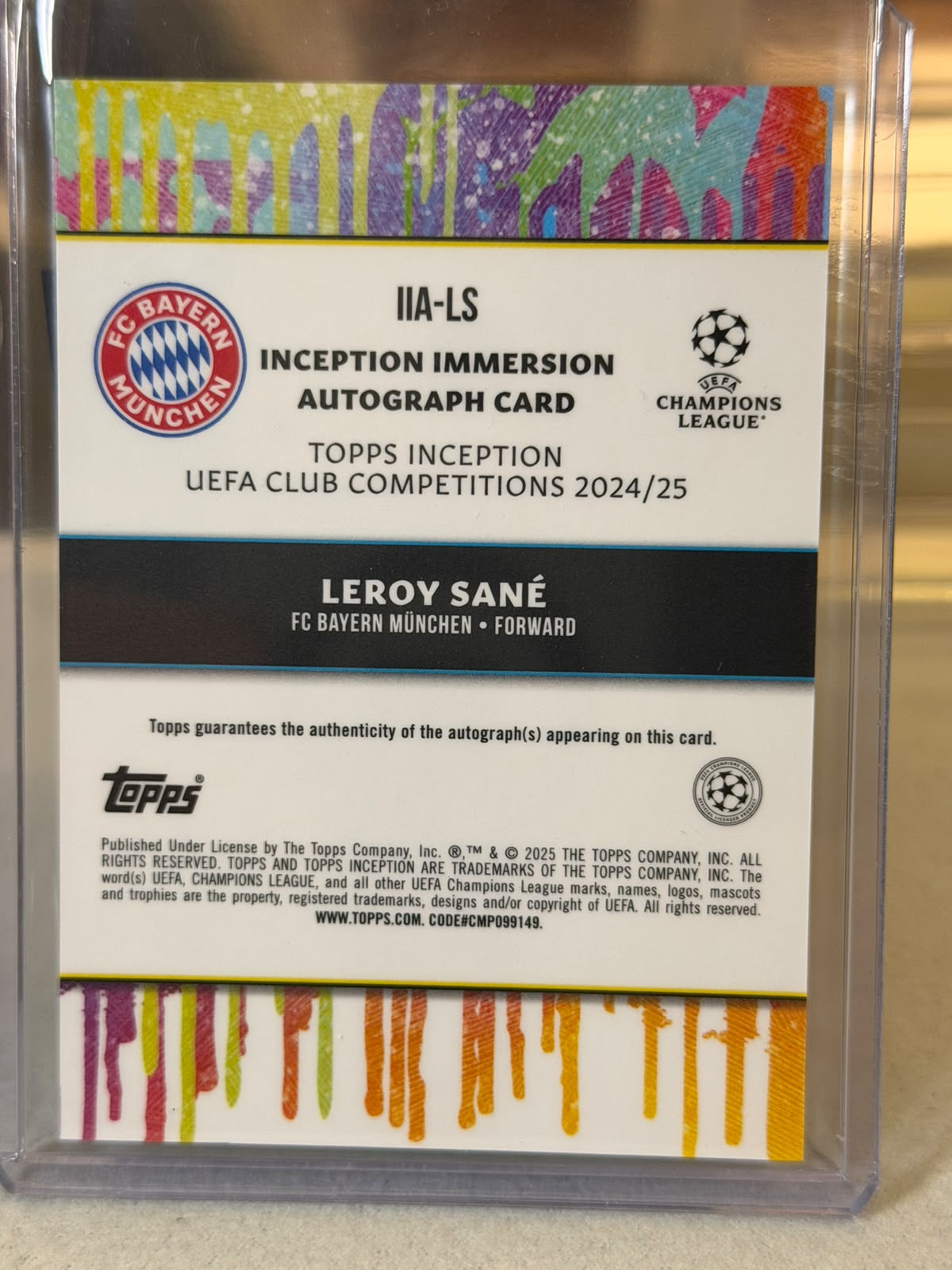 Leroy Sané IIA-LS 001/100 – FC Bayern München trading card, back