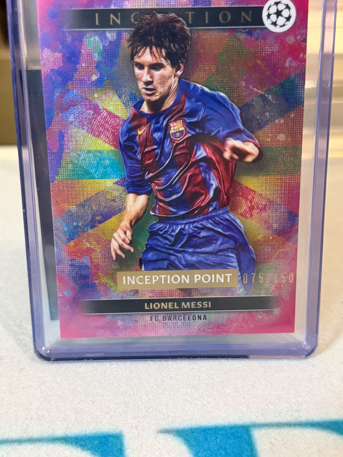 Lionel Messi 075/150 Inception Point (#62) – Topps Inception UEFA Club Competitions 2024/25 – FC Barcelona trading card, fron