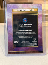 Lucas Beraldo 33/50 Current Stars Autograph Purple 2025/26 Topps Deco UEFA – PSG trading card, back