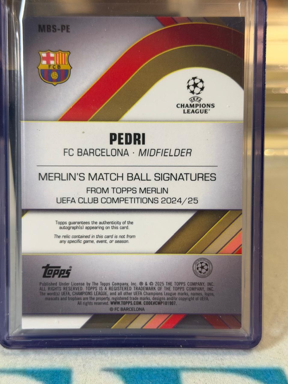 Pedri 35/50 Matchball Signature Relic - Topps Merlin UEFA Club Competitions 2024/25 - FC Barcelona trading card, back