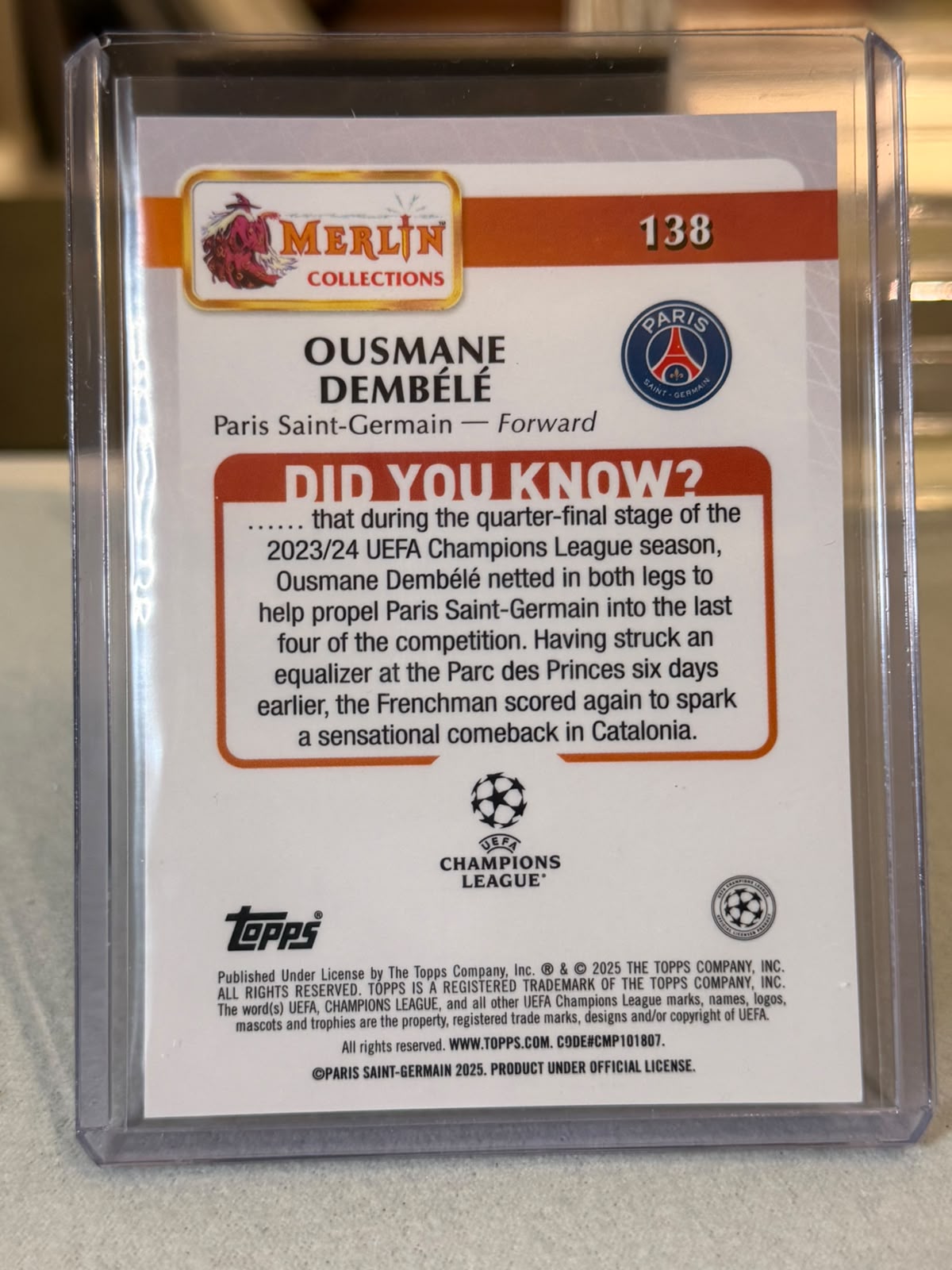 Ousmane Dembele 31/50 Gold Refractor #138 2024/25 Topps Merlin UEFA – PSG trading card, back