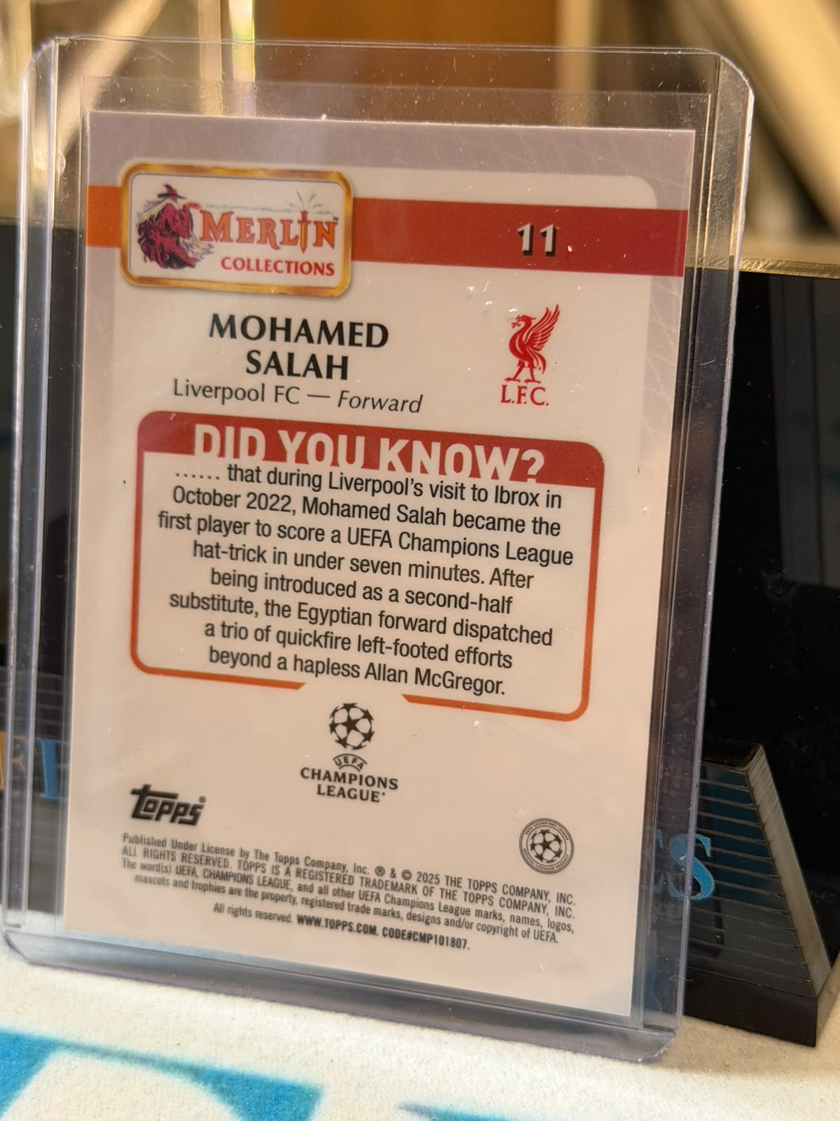 Mohamed Salah 071/150 Base #11, Blue Sparkle parallel – 2024/25 Topps Merlin, back