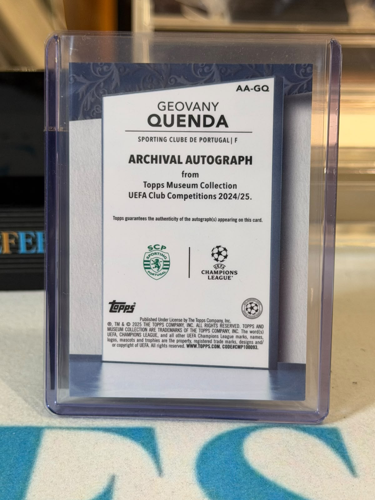 Geovany Quenda 15/25 Archival Autograph Ruby 2024/25 Topps Museum Collection UEFA – Sporting CP trading card, back