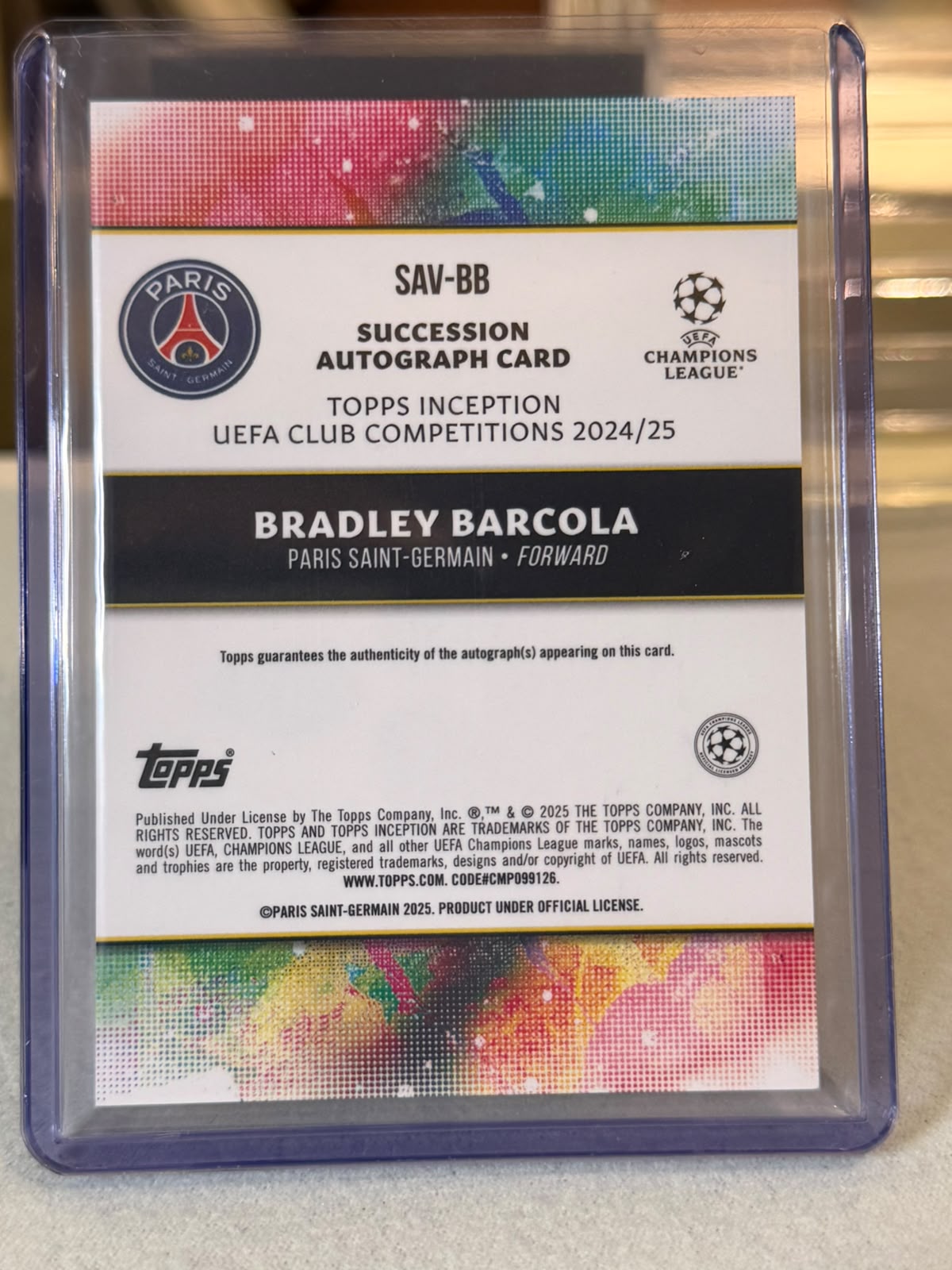 Bradley Barcola 56/99 Succession Autograph Green 2024/25 Topps Inception UEFA – PSG trading card, back