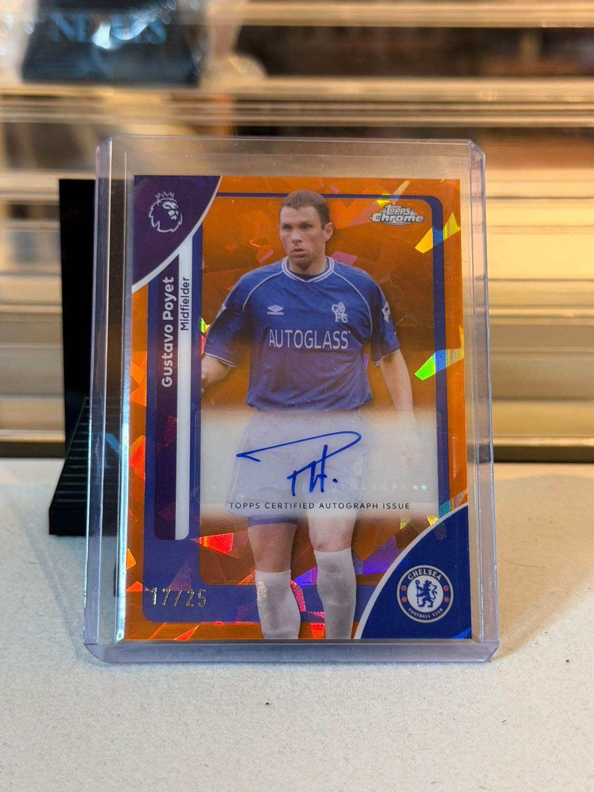 Gustavo Poyet Chelsea Authentic Autograph Card front, 2026 Topps Chrome Premier League Orange Cracked-Ice Parallel #CA-GP, serial 17/25