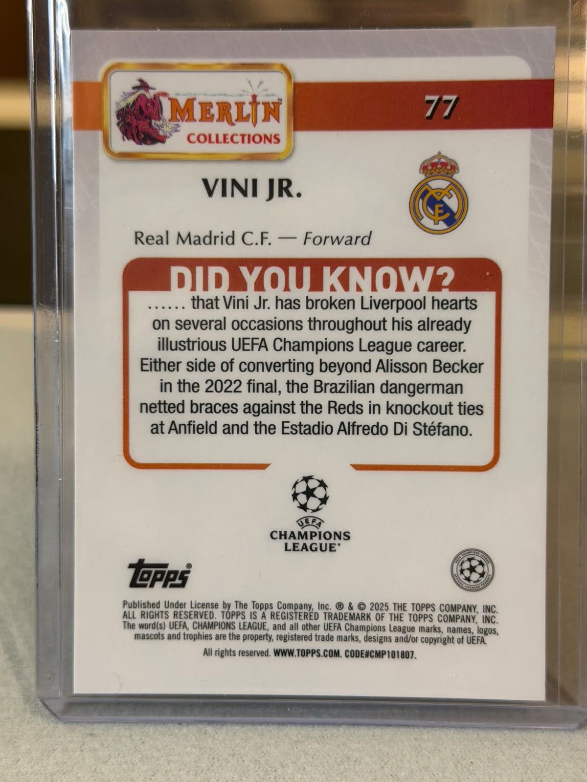 Vinícius Júnior back - 2024/25 Topps Merlin UEFA Club Competitions base #77 84/99