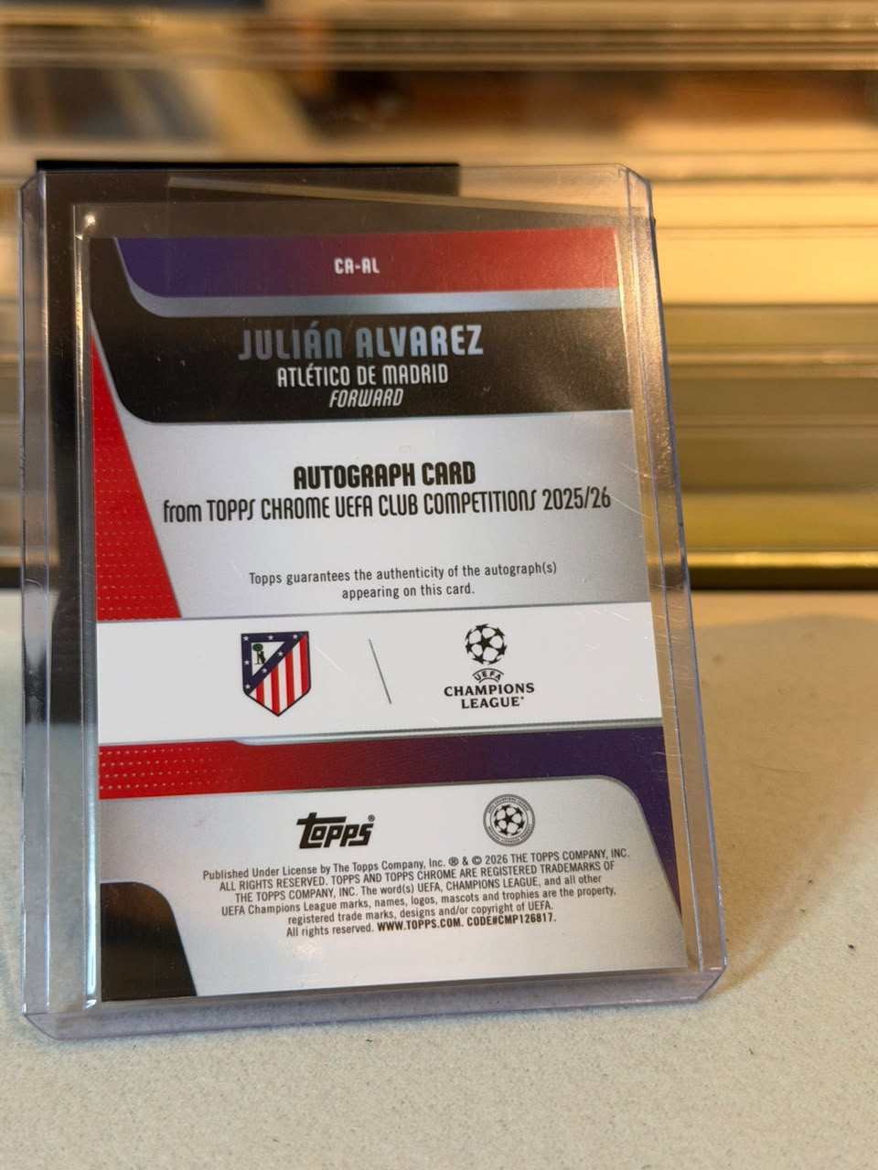 C0000645 Julian Alvarez Atletico Madrid Topps Chrome UCC 25/26 Autograph CA-AL 01/10 back