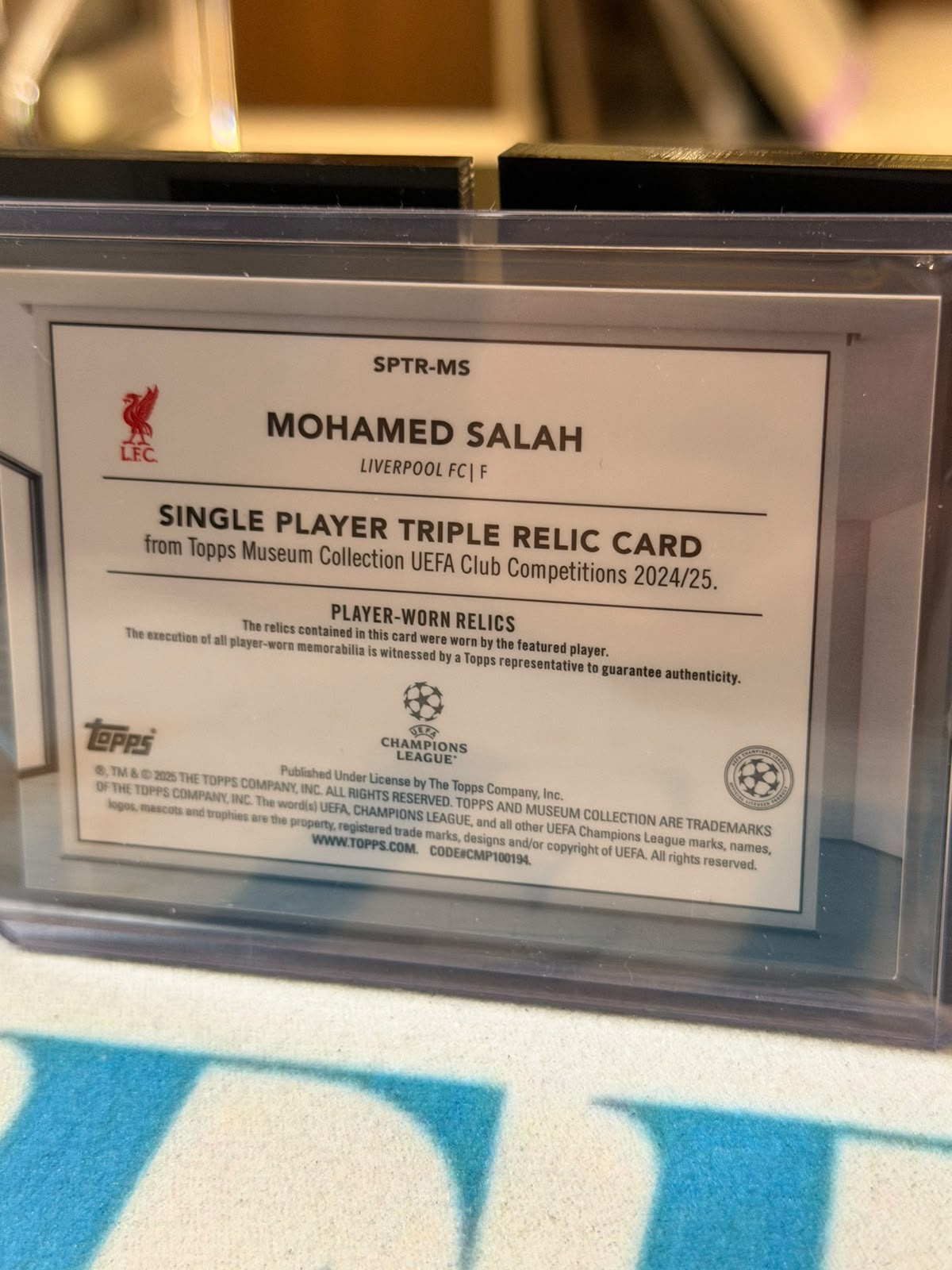 Mohamed Salah 07/75 Single Player Triple Relic (SPTR-MS) – 2025 Topps Museum Collection UEFA Club Competitions 2024/25, back