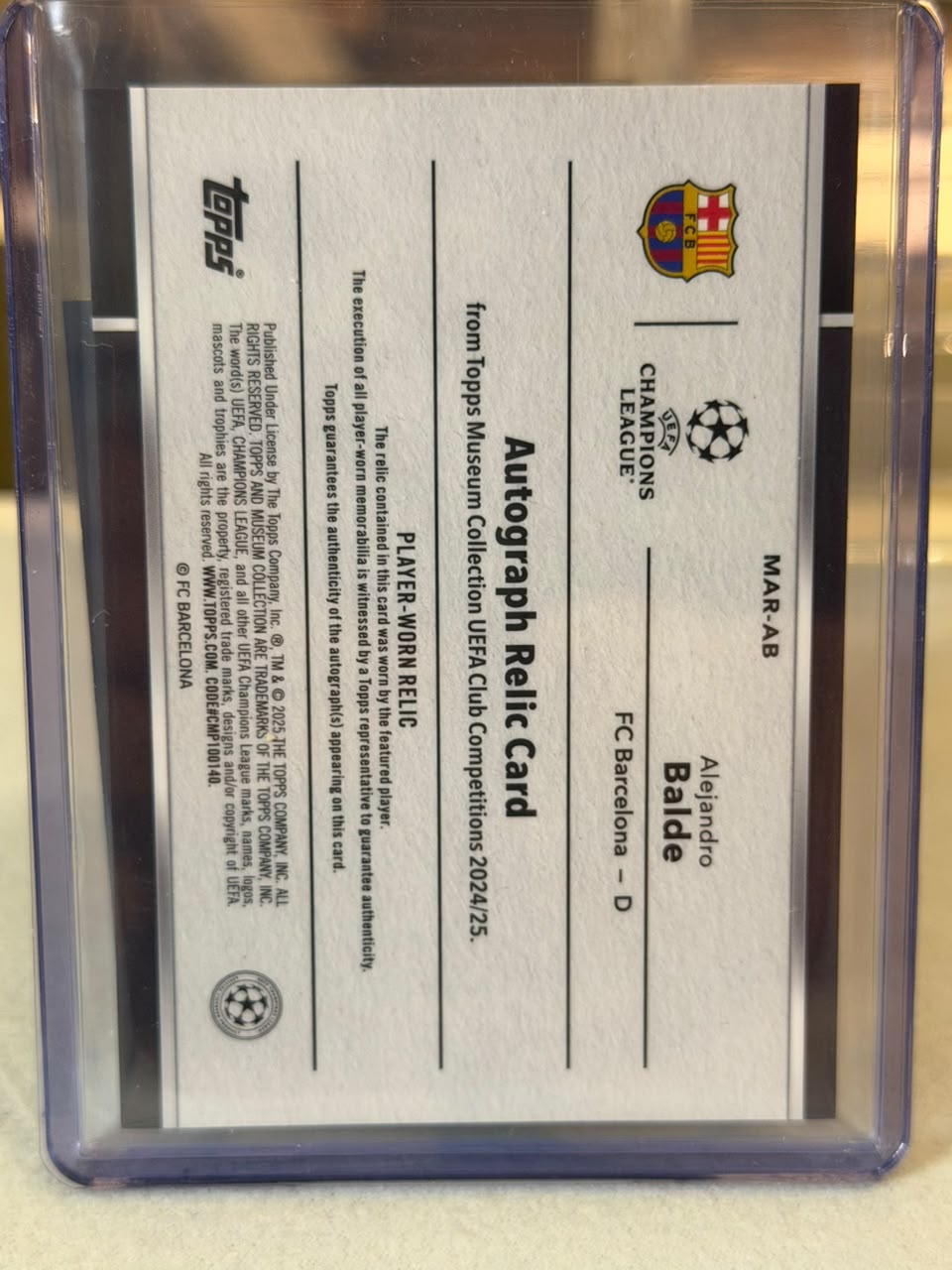 Alejandro Balde 65/75 Autograph Relic Card, player-worn jersey swatch – Topps Museum Collection UEFA Club Competitions 2024/2