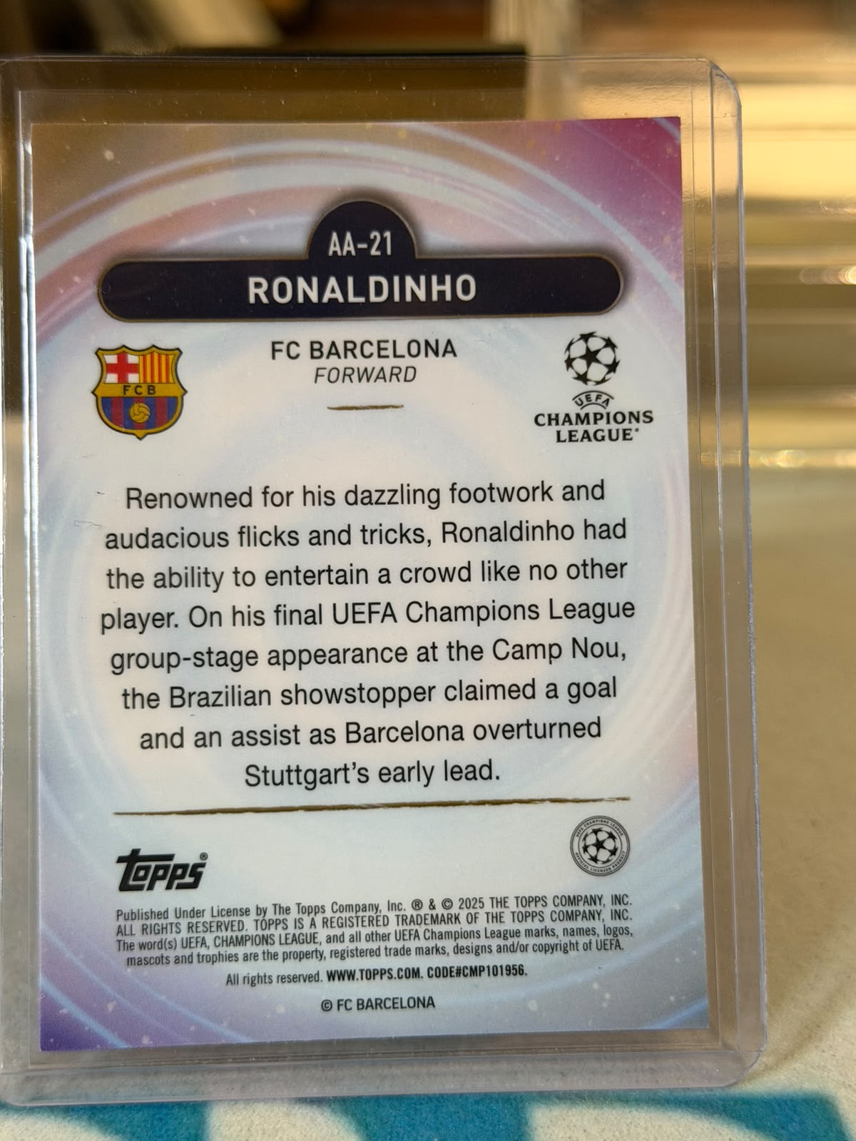 Ronaldinho 051/150 Ageless Alchemy – Topps Merlin UEFA Club Competitions 2024/25 – FC Barcelona trading card, back