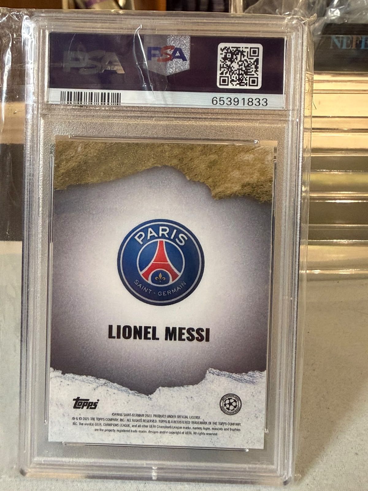 Lionel Messi 45/49 Elite Aqua Topps x Tyson Beck UCL PSA 10 – PSG trading card, back