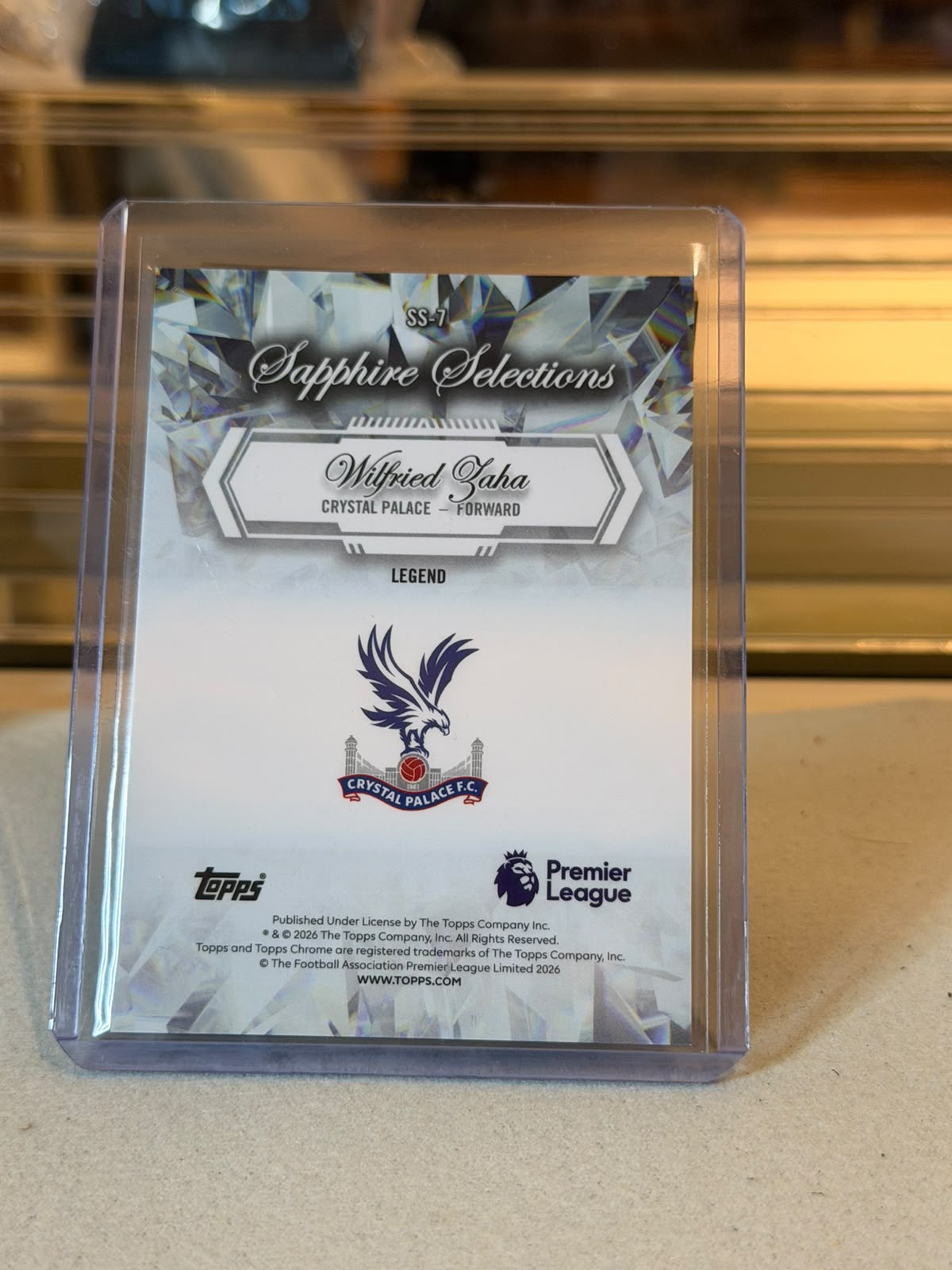 Wilfried Zaha C0000606 back - Wilfried Zaha #SS-7 – Crystal Palace – Sapphire Selections Blue Crystal Refractor – 2026 Topps Chrome Premier League