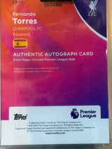Fernando Torres Liverpool Legend Autograph card back, 2026 Topps Chrome Premier League #CA-FT X-Fractor, serial 04/10